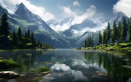 Mountain lake in the clouds and reflection in the water, 3d renderの素材