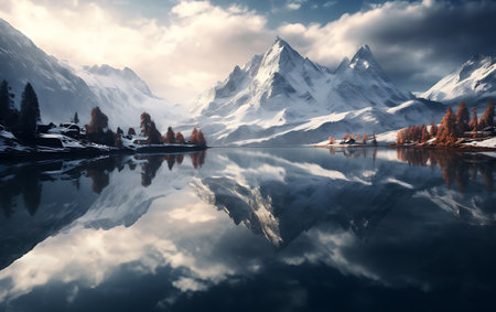 Matterhorn mountain peak reflected in lake, Switzerland, Europe.の素材