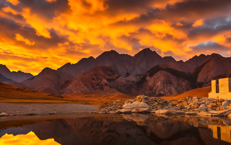 Mountain lake at sunset in Himalayas, Ladakh, Indiaの素材