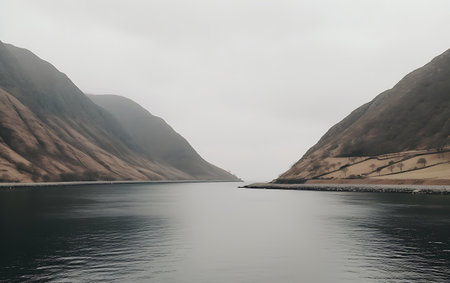 Beautiful seascape with mountains and lake in cloudy day.の素材