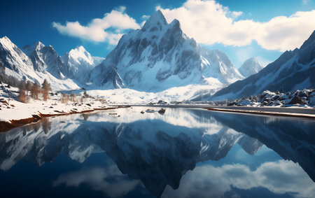 Beautiful winter landscape with mountains reflected in the lake. Panoramaの素材