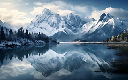 Mountain lake with reflection of snow-capped peaks and clouds.の素材