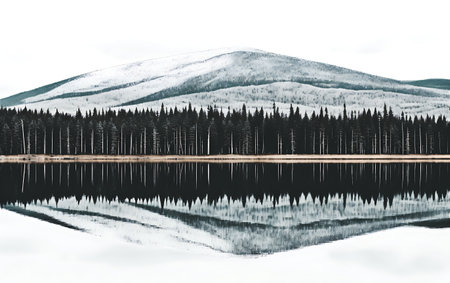 Beautiful winter landscape with lake and pine forest. Toned.の素材