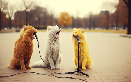 Two cats playing in the park. Cute pets having fun together.の素材