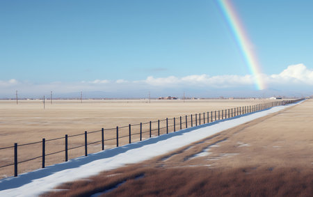 Rainbow over a snowy field with a fence in the foreground.の素材