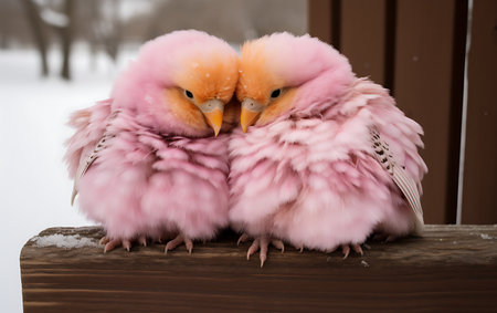 Pair of pink birds on a wooden fence in the winter.の素材