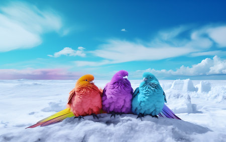 Colorful parrots sitting on snow with blue sky and clouds backgroundの素材