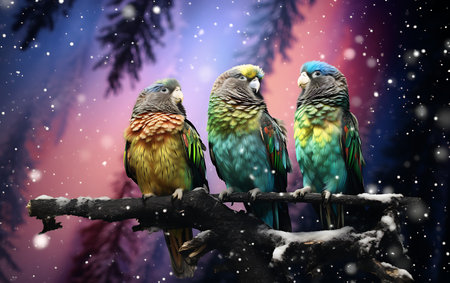 Three parrots sitting on a branch in the winter forest. Christmas backgroundの素材