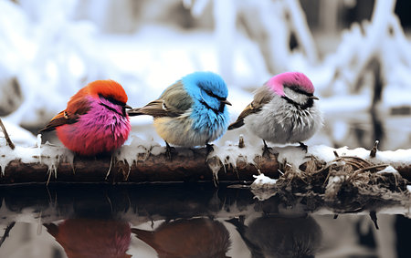 Colorful birds sitting on a branch of a tree in winter.の素材