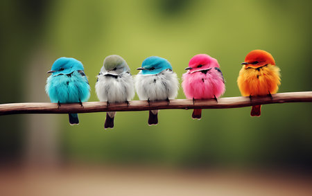 A group of colorful birds sitting on a branch. Toned.の素材