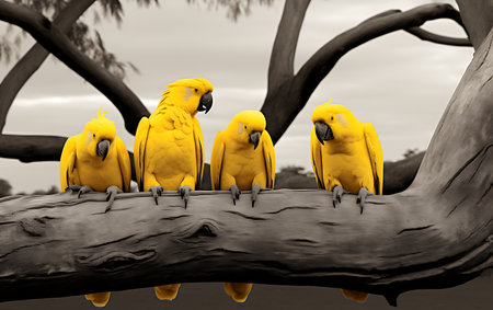 Yellow parrots sitting on a tree branch. Black and white photos.の素材