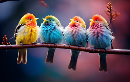 Colorful birds sitting on a branch in the park at sunset.の素材