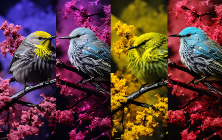 Collage of beautiful birds sitting on a tree branch with flowers.の素材