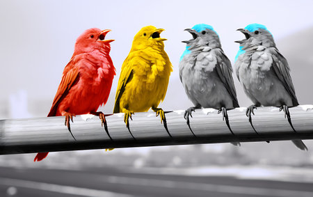 Colorful birds on the fence in the city. 3d renderingの素材