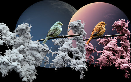 birds on a branch against the background of the night sky and the moonの素材