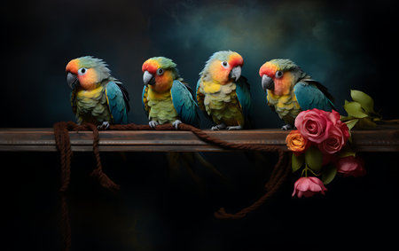 Three parrots sitting on a wooden bridge with flowers on a dark backgroundの素材