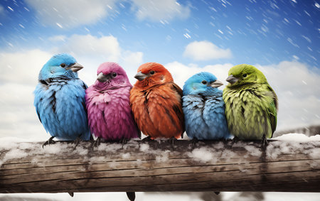 Group of colorful birds sitting on a wooden fence with snow in the backgroundの素材