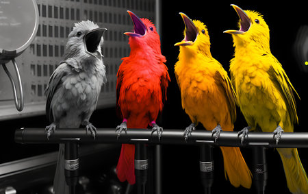 3D rendering of a group of parrots on a black backgroundの素材