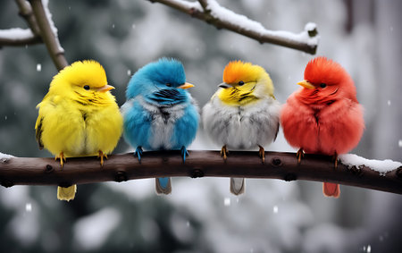 Colorful birds sitting on a branch in the snow in winter.の素材