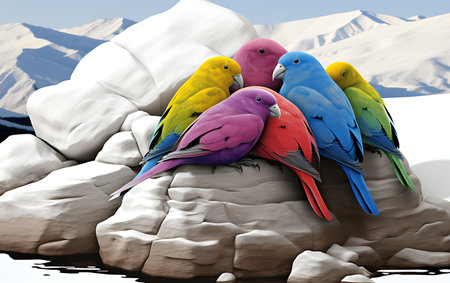 A group of colorful parrots sitting on a rock in the snowの素材