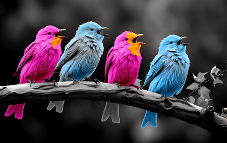 Colorful birds sitting on a branch on a black background. 3d renderingの素材