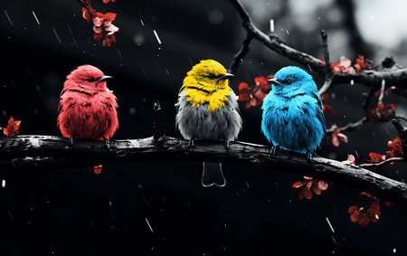 Three birds sitting on a branch of a tree in the rain.の素材