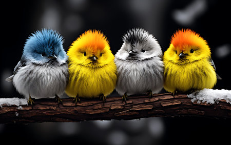 Three cute little birds sitting on a branch in the winter forest.の素材