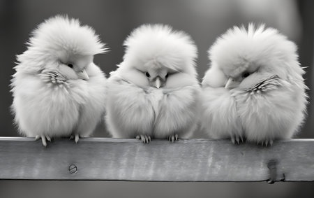 Cute little chicks on a fence. Black and white photos.の素材