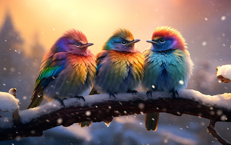 Colorful birds sitting on a branch covered with snow at sunset.の素材