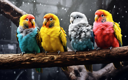 Close up small multicolored birdsの素材