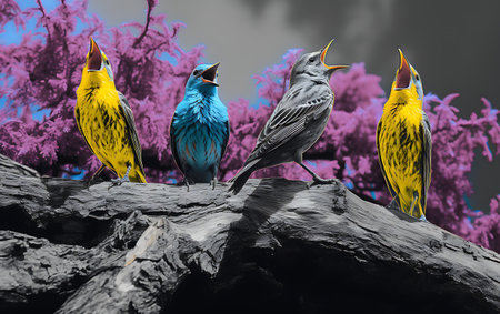 Close up small multicolored birdsの素材