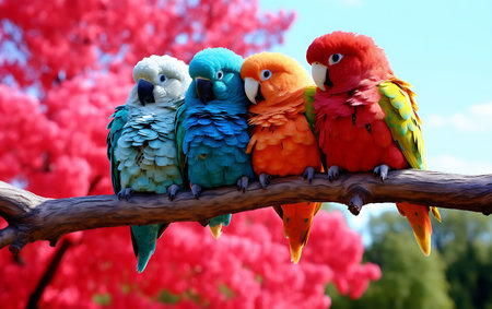 Close up small multicolored birdsの素材