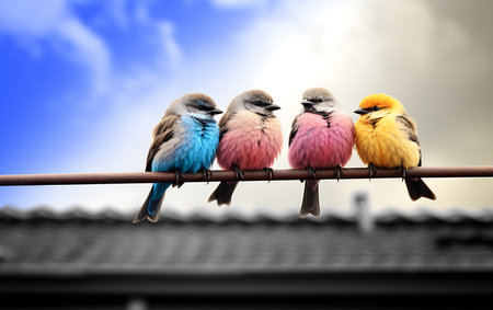 Close up small multicolored birdsの素材