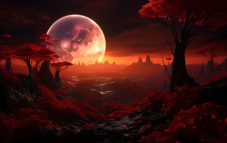 Fantasy landscape with red planet and tree. 3D illustration.の素材