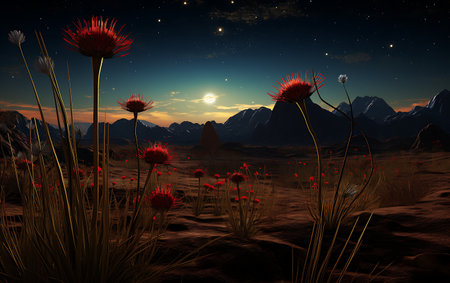 Fantasy alien planet. Mountain and flowers. 3D illustration.の素材