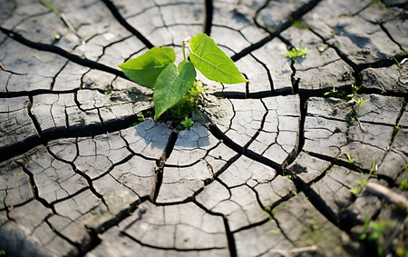 Green sprout growing from cracked earth. Ecology concept. Selective focus.の素材