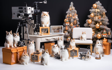 cute cat and camera with christmas tree and presents in studioの素材