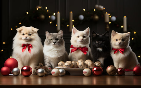 Group of cats with christmas decoration on wooden table in front of Christmas treeの素材
