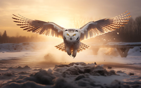 Snowy owl flying in the winter at sunset. Snowy owl with open wings.の素材