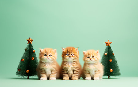 Three kittens with christmas tree on green background. Copy space.の素材