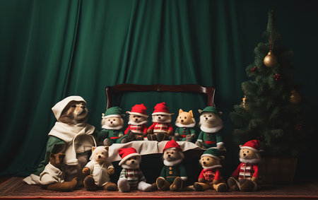 Santa Claus and Christmas tree with gifts on the background of a green curtainの素材