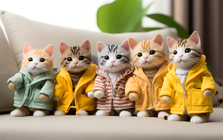 Group of cute kittens in yellow raincoats on sofa at homeの素材