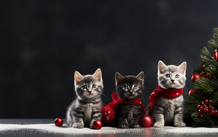 Three kittens with christmas tree and decorations on dark background. Copy space.の素材
