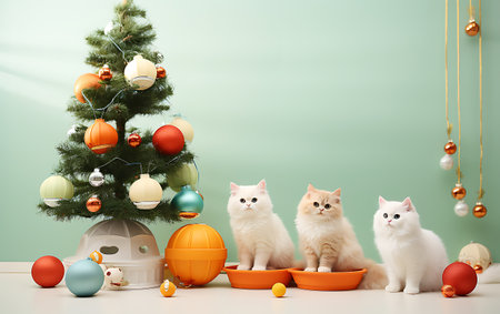 Cute kittens near Christmas tree with toys on table against color wallの素材
