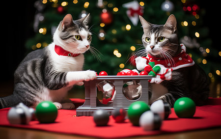 Two cats playing with christmas toys in front of a Christmas treeの素材