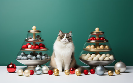 Cute cat and christmas decorations on table against green background.の素材
