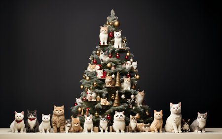 Christmas tree with many cats in front of a black background. 3d renderingの素材