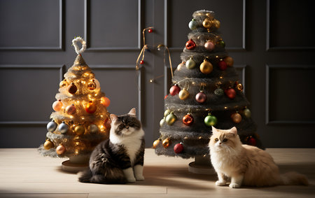 Cute cat and cat near Christmas tree on wooden floor in roomの素材
