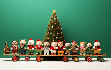 Teddy bears on a wooden train with Christmas tree in the backgroundの素材