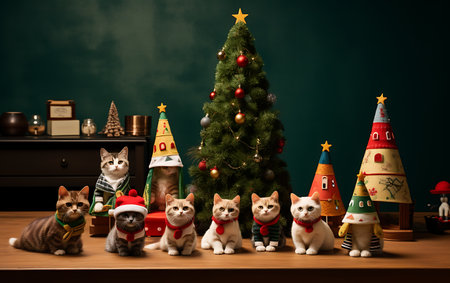 Christmas and New Year holidays background with Christmas tree, cats and decorationsの素材